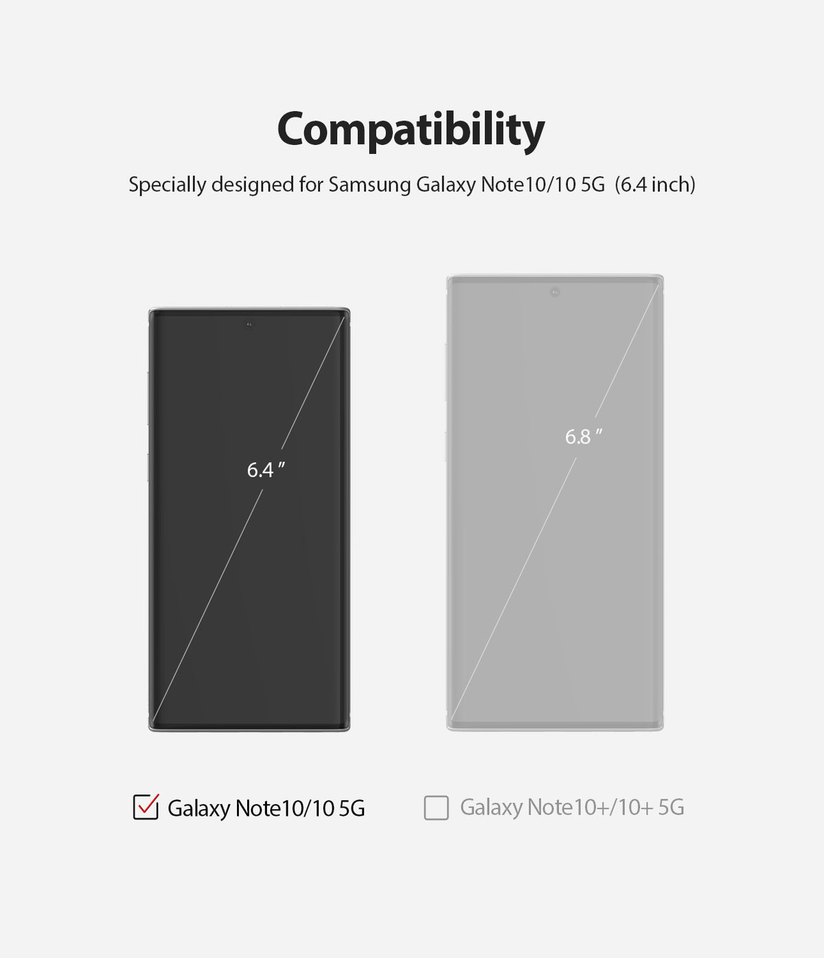 Galaxy Note 10 Screen Protector | Dual Easy Film - Comparison chart showing 6.4-inch and 6.8-inch smartphone screen sizes.