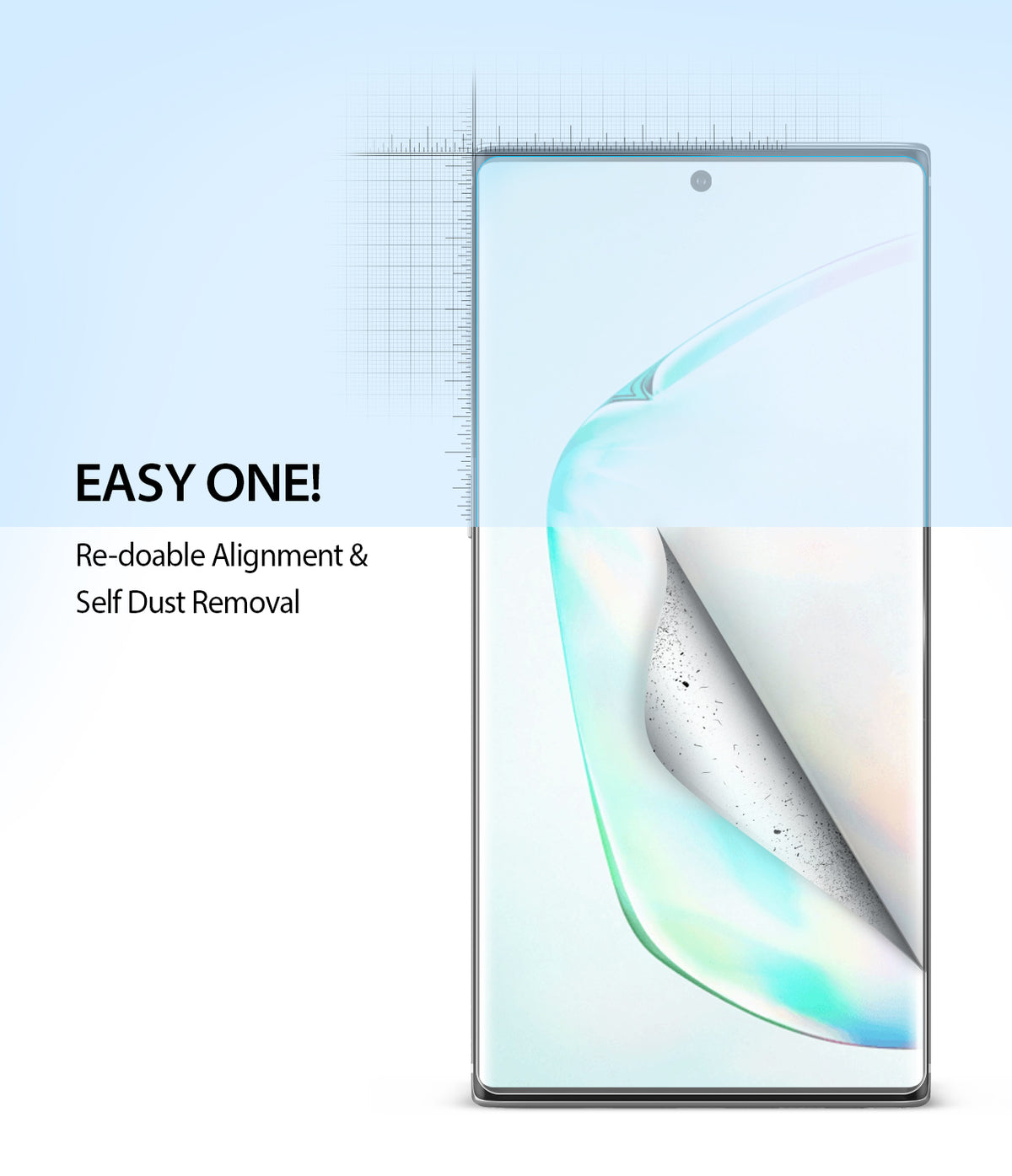 Galaxy Note 10 Screen Protector | Dual Easy Film - A screen protector being applied to a phone, lifting dust off the screen.