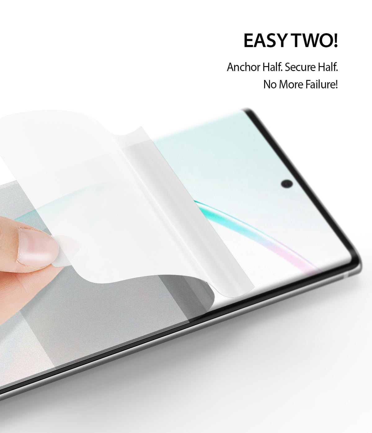 Galaxy Note 10 Screen Protector | Dual Easy Film - Galaxy Note 10 Screen Protector - A hand applying a clear film protector to a smartphone screen with text overlay.
