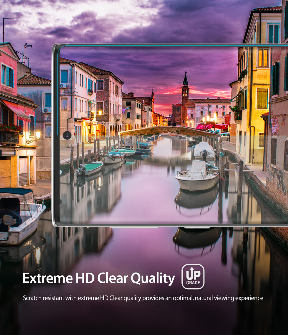 Galaxy Note 10 Screen Protector | Dual Easy Film - Galaxy Note 10 Screen Protector - A smartphone displaying a vibrant canal scene with clear, high-definition screen film.
