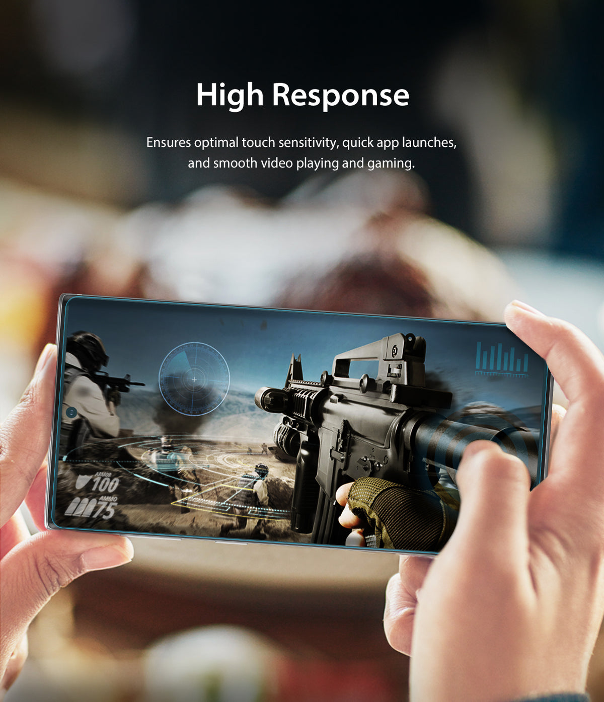 Galaxy Note 10 Screen Protector | Dual Easy Film - Galaxy Note 10 Screen Protector - Hands holding a smartphone playing a first-person shooter game with high touch sensitivity.