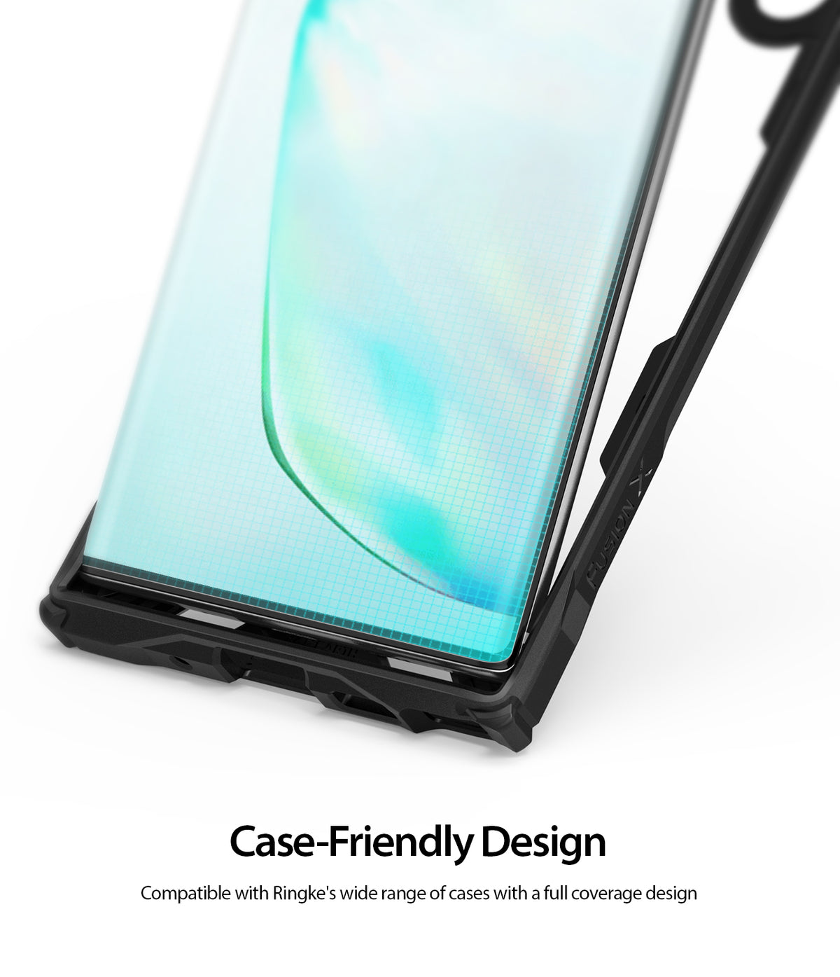 Galaxy Note 10 Screen Protector | Dual Easy Film - A Galaxy Note 10 with a screen protector inside a black protective case.