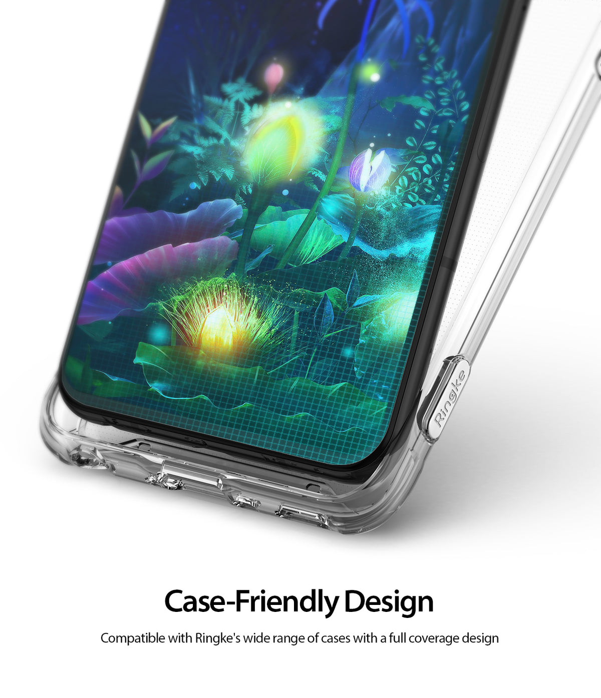 LG V50 ThinQ Screen Protector | Dual Easy Film - LG V50 ThinQ Screen Protector - Close-up of a smartphone with a clear case and screen protector showing a floral display.