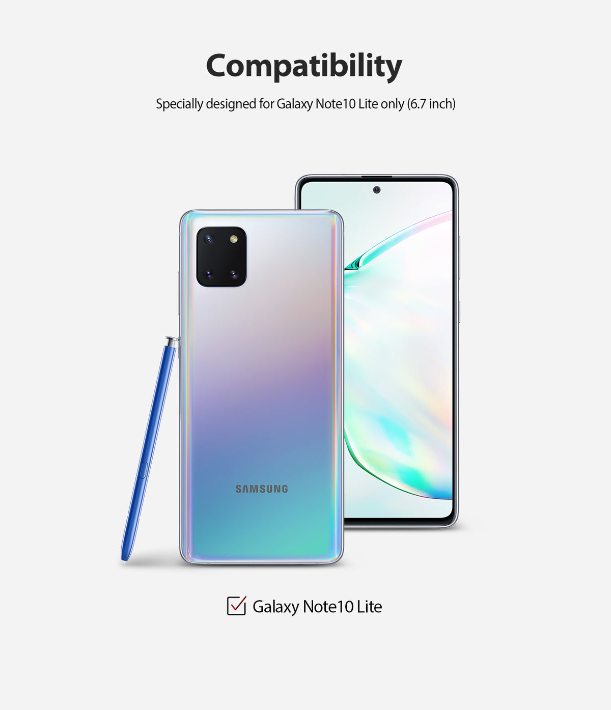 Galaxy Note 10 Lite Screen Protector | Dual Easy Film - Galaxy Note 10 Lite Screen Protector - Front and back views of a Galaxy Note 10 Lite with a blue S Pen on white background.