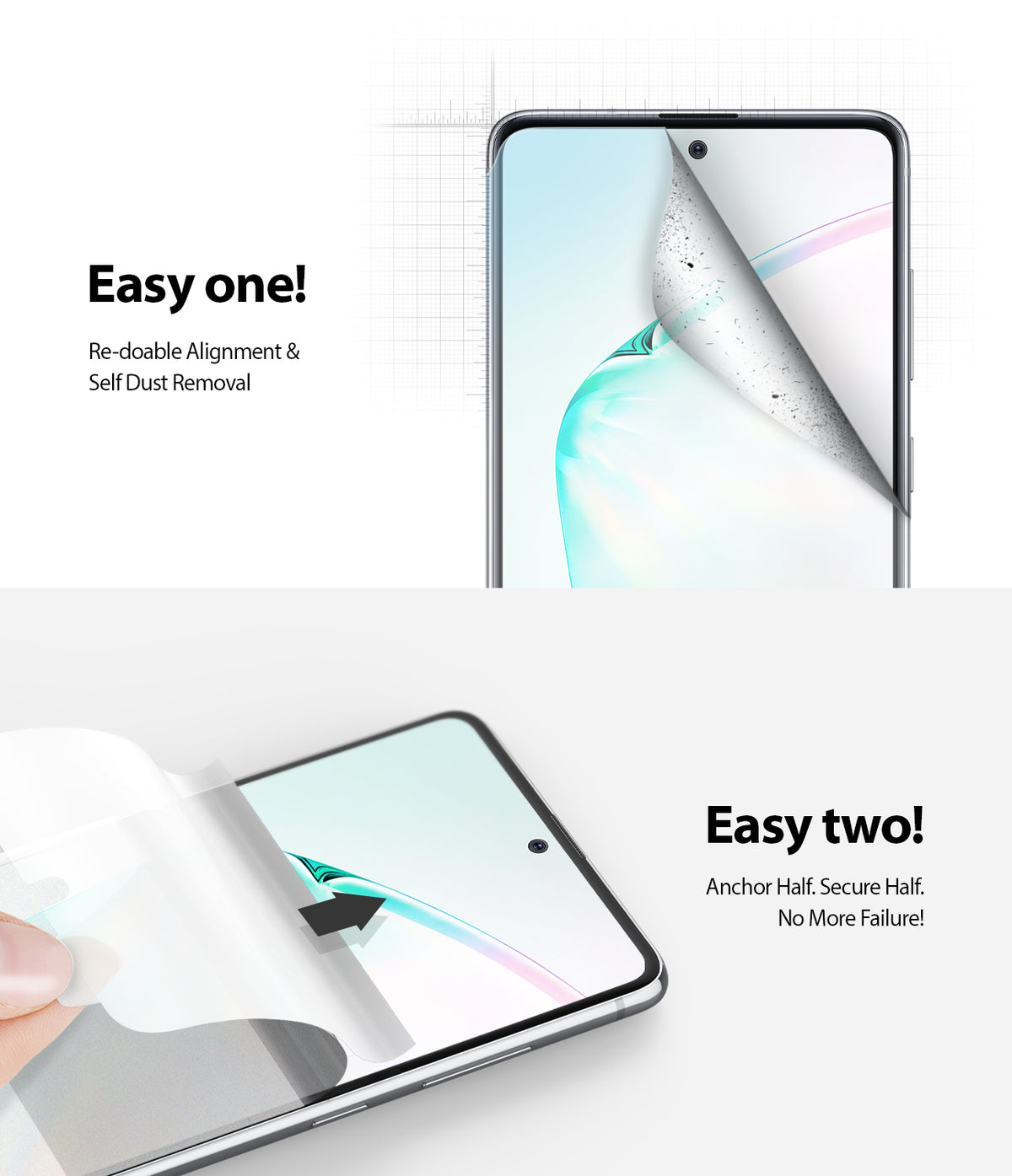 Galaxy Note 10 Lite Screen Protector | Dual Easy Film - Galaxy Note 10 Lite Screen Protector - Two-step installation guide showing dust removal and alignment of a film protector.