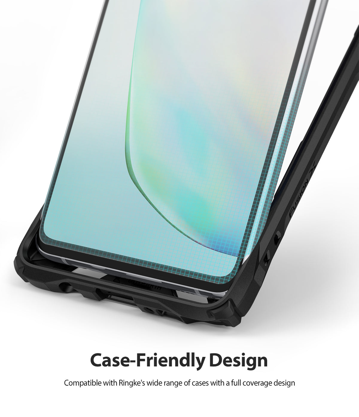 Galaxy Note 10 Lite Screen Protector | Dual Easy Film - Smartphone screen with film protector inside a black case.