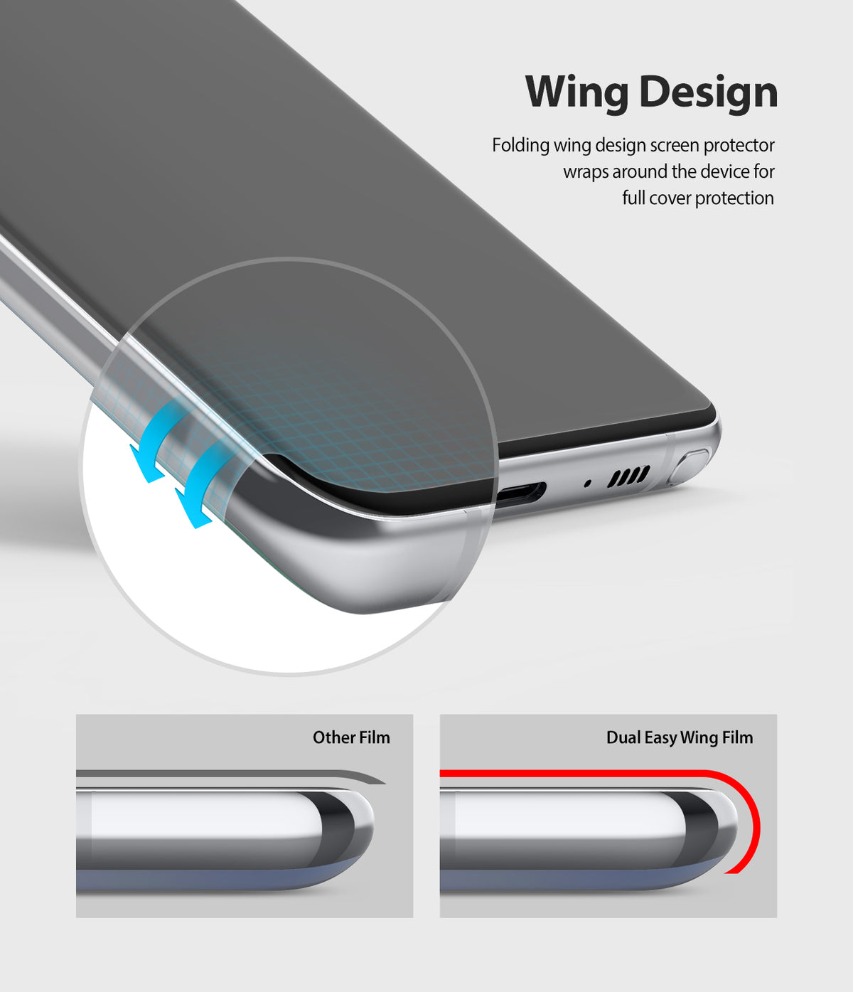 Galaxy Note 10 Lite Screen Protector | Dual Easy Film - Galaxy Note 10 Lite Screen Protector - Close-up of a screen protector wrapping around phone edges with a comparison diagram.