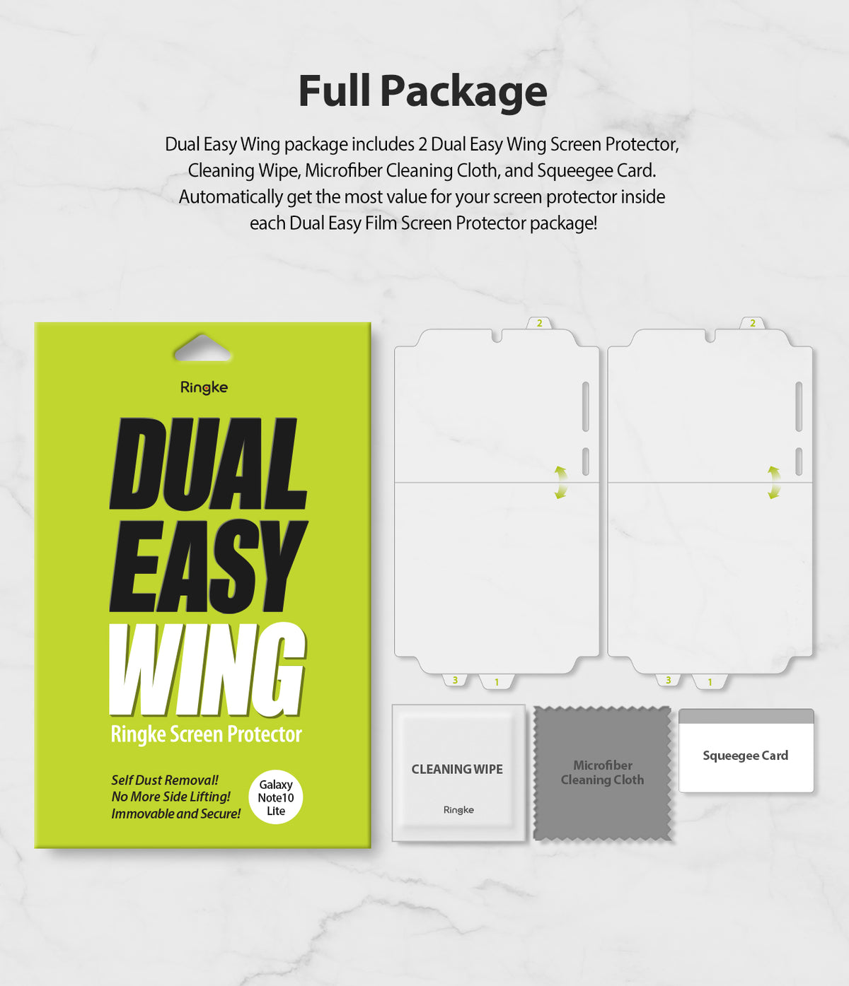 Galaxy Note 10 Lite Screen Protector | Dual Easy Film - Package contents: two screen protectors, wipe, cloth, and card.