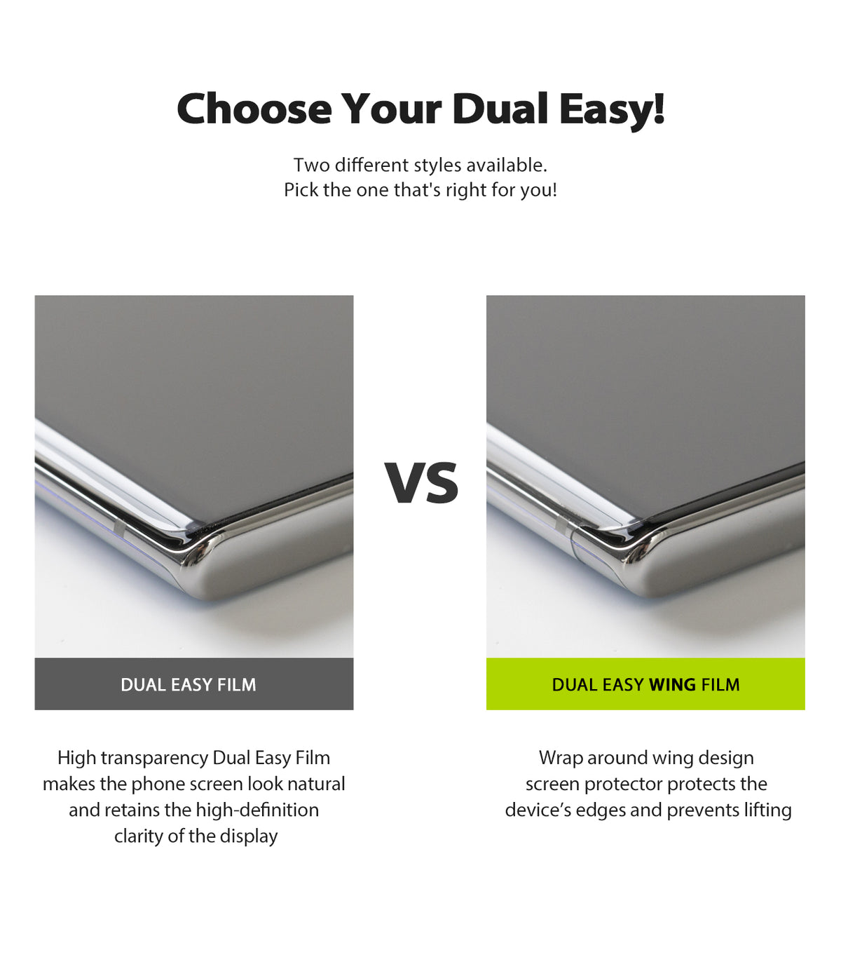 Mi 10 / 10 Pro Screen Protector | Dual Easy Film - Comparison of standard Dual Easy Film and wrap-around Wing Film.