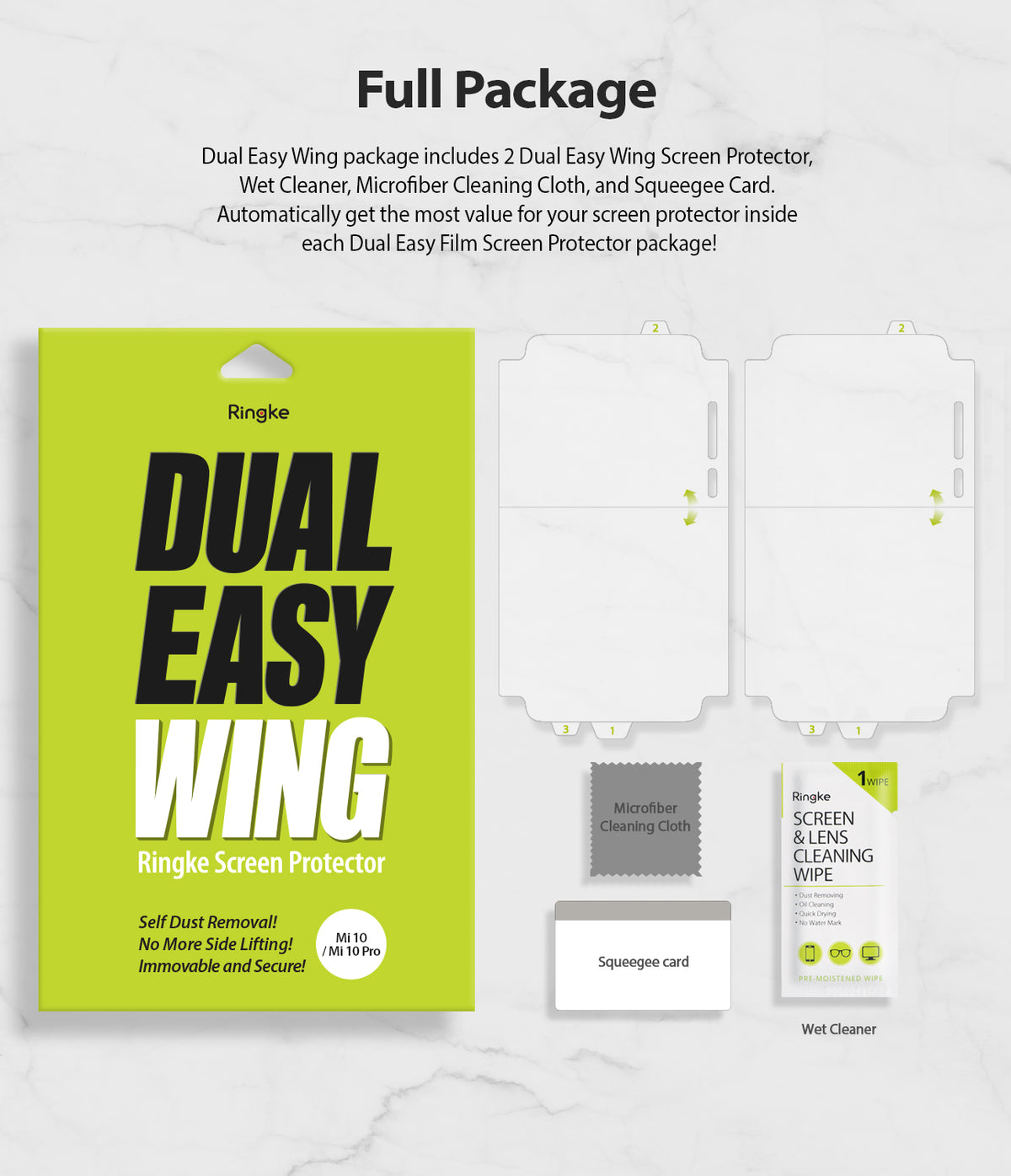 Mi 10 / 10 Pro Screen Protector | Dual Easy Film - Package contents including two screen films, cloth, squeegee, and wipe.