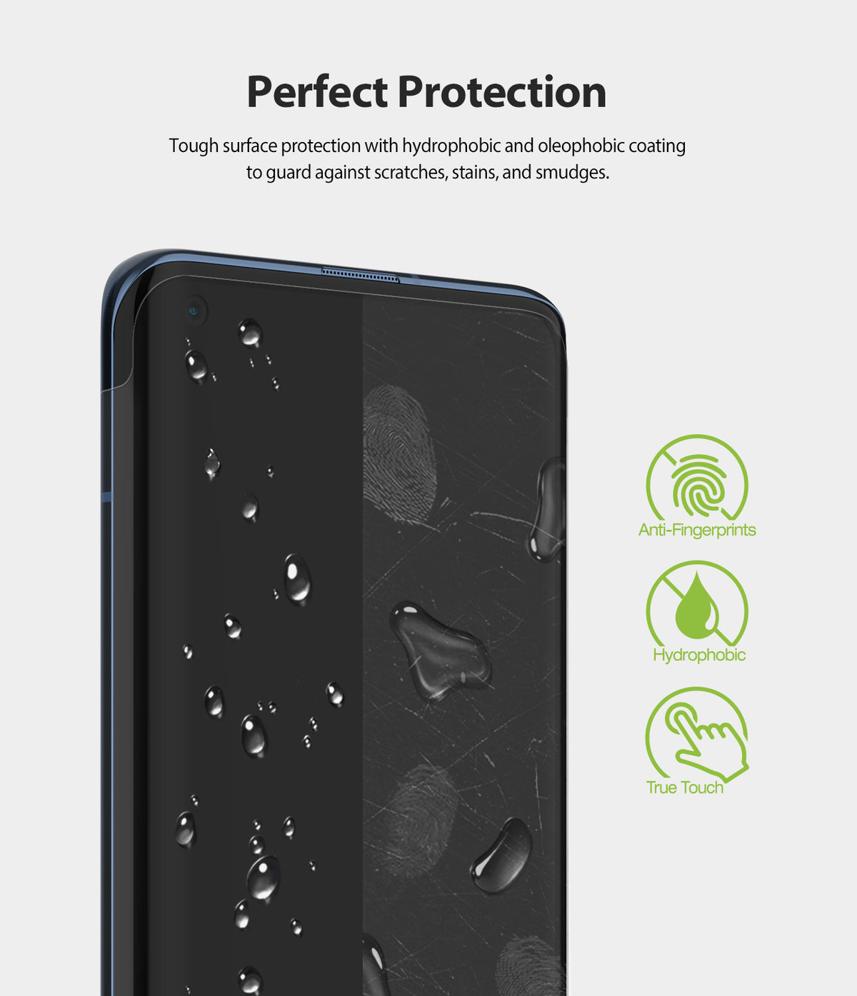 Mi 10 / 10 Pro Screen Protector | Dual Easy Film - Mi 10 / 10 Pro Screen Protector - Smartphone screen with water droplets and icons for anti-fingerprint, hydrophobic, and touch.