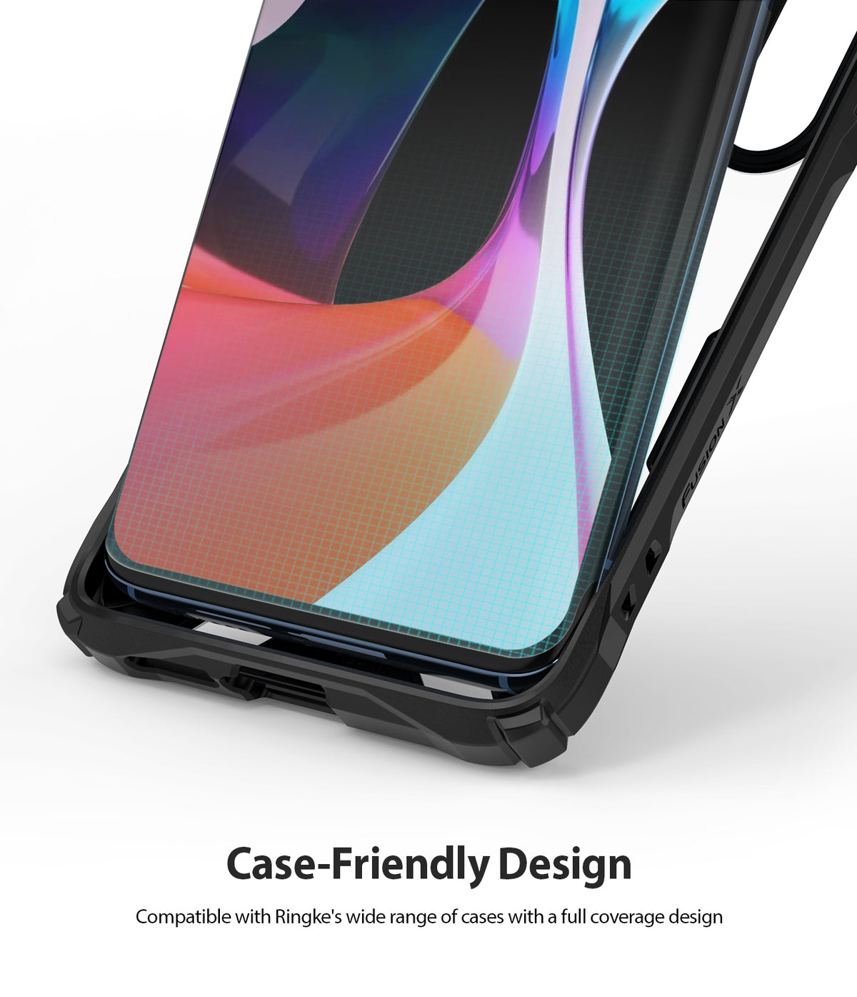 Mi 10 / 10 Pro Screen Protector | Dual Easy Film - Close-up of a smartphone screen protector fitting inside a black case.