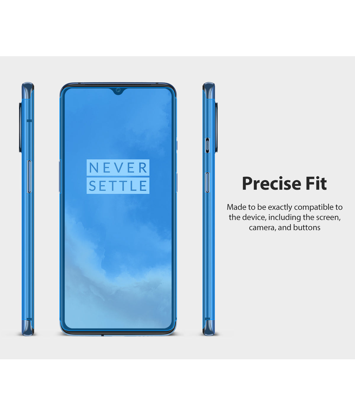 OnePlus 7T Screen Protector | Dual Easy Film - OnePlus 7T Screen Protector - Three views of a blue smartphone showing precise screen, button, and camera cutouts.