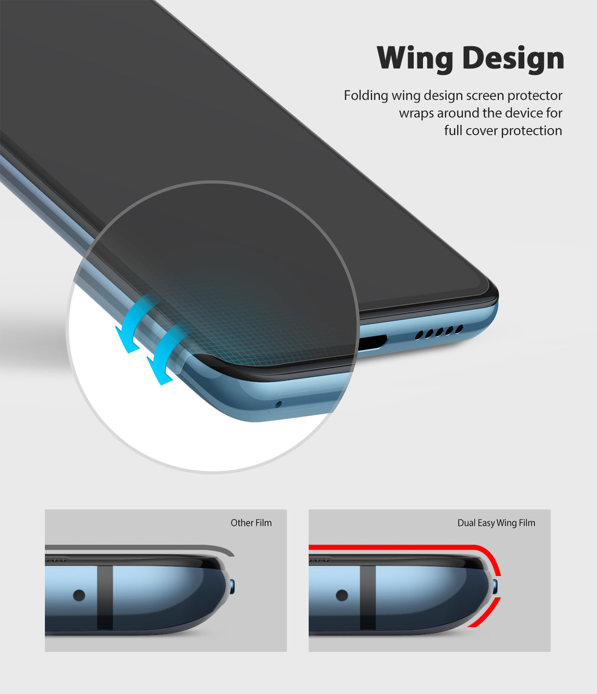 OnePlus 7T Screen Protector | Dual Easy Film - Diagram showing a screen protector wrapping around phone edges.