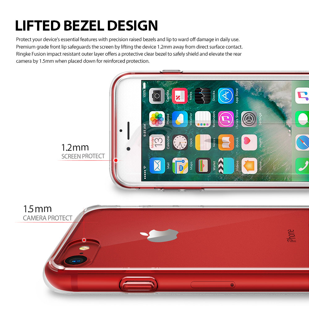iPhone 8 / 7 Case | Fusion - Clear - Diagram showing 1.2mm screen and 1.5mm camera raised bezel protection on a clear case.