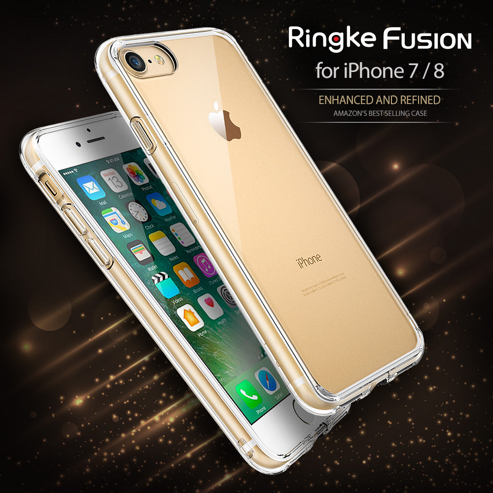 iPhone 8 / 7 Case | Fusion - Clear - Two gold iPhones in clear protective cases against a dark, sparkling background.