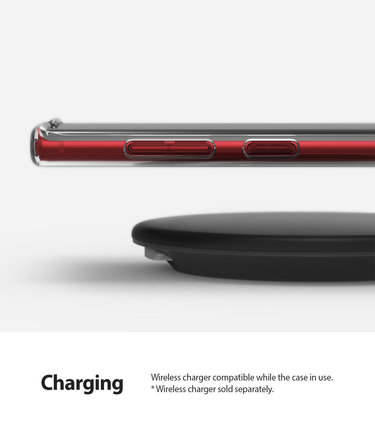 Galaxy Note 10 Case | Air - Clear (Dot) - Side view of a red phone in a clear case hovering above a black wireless charger.