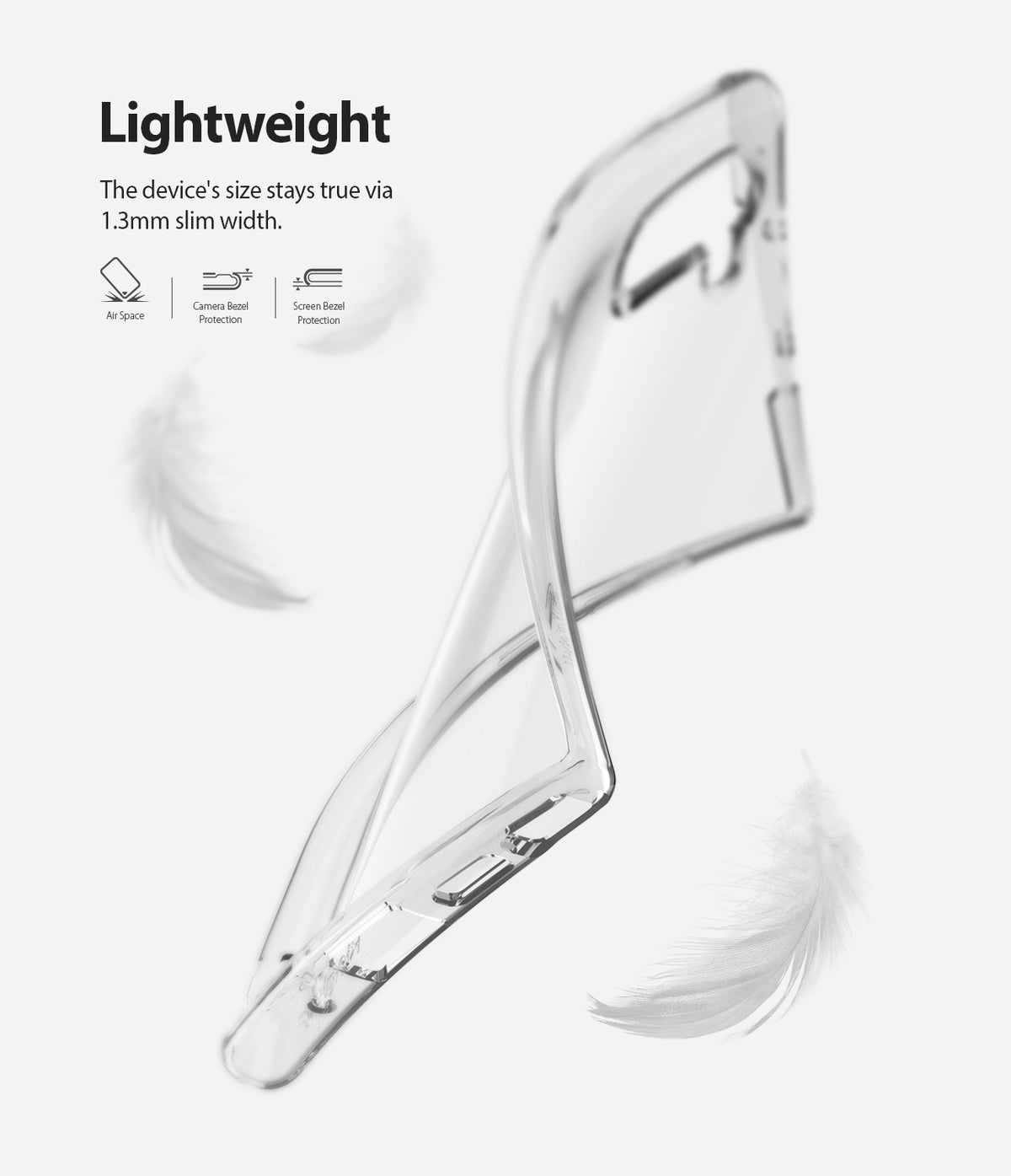 Galaxy Note 10 Case | Air - Clear (Dot) - Transparent slim phone case floating with white feathers and text highlights.