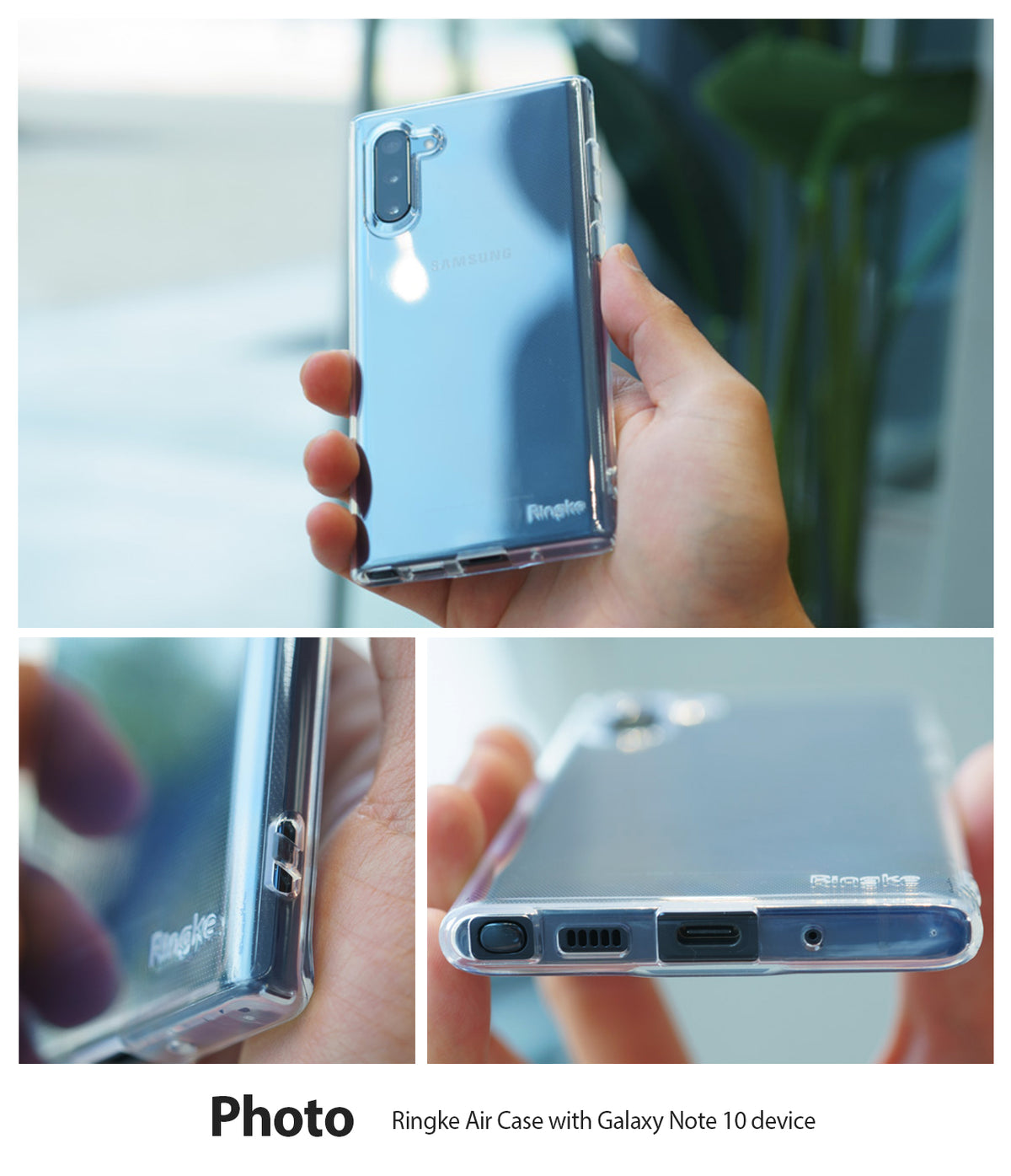 Galaxy Note 10 Case | Air - Clear (Dot) - Clear, dotted protective case on a Samsung Galaxy Note 10, showing ports and back.