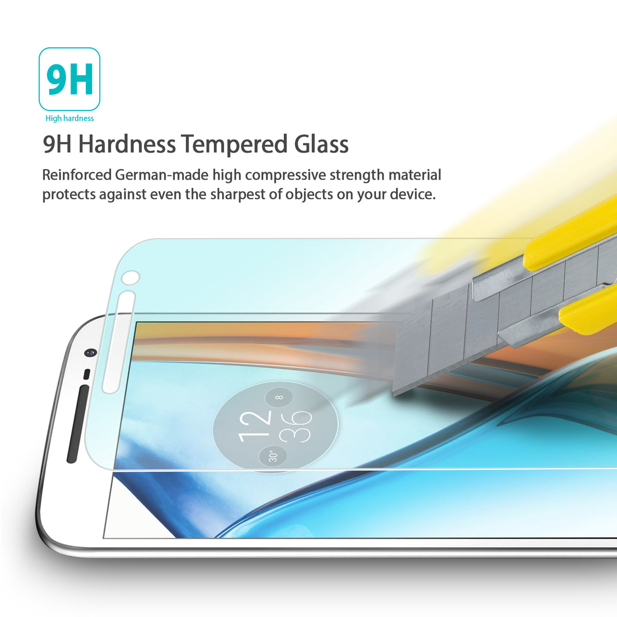 Moto G4 Screen Protector | Glass - Moto G4 Screen Protector - A utility knife blade scrapes against a tempered glass screen protector on a smartphone.