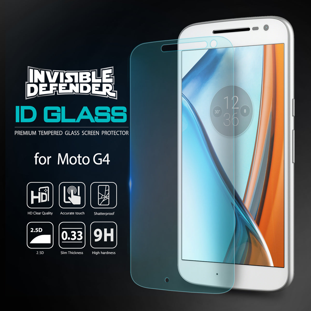 Moto G4 Screen Protector | Glass - Moto G4 Screen Protector - Tempered glass screen protector hovering over a white Moto G4 smartphone with feature icons.