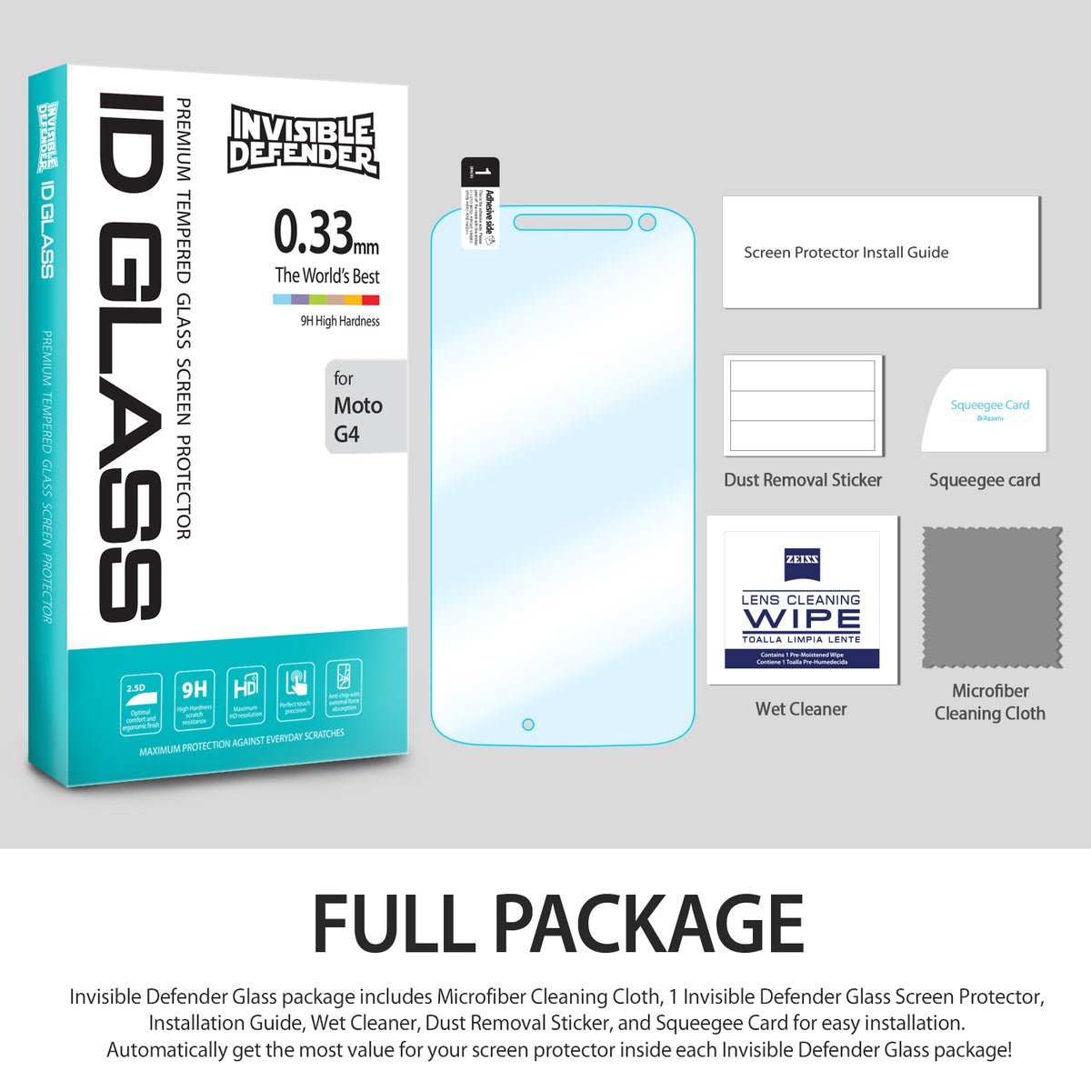 Moto G4 Screen Protector | Glass - Packaging box, glass screen protector, cleaning wipe, squeegee, and installation tools.