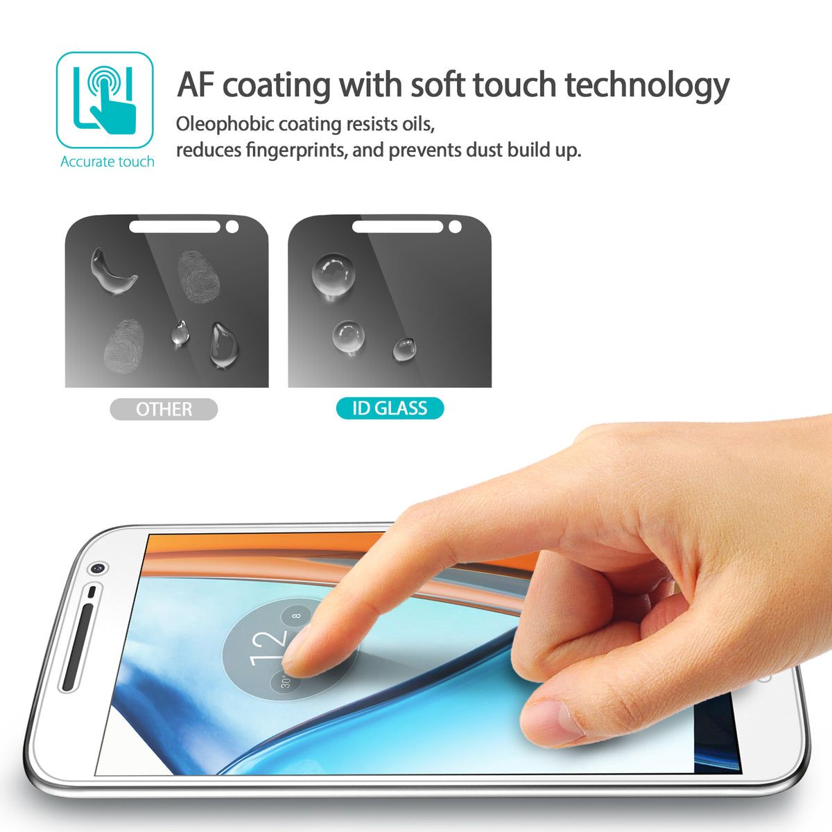 Moto G4 Screen Protector | Glass - Finger touching a smartphone screen, comparing oleophobic coating to standard glass.
