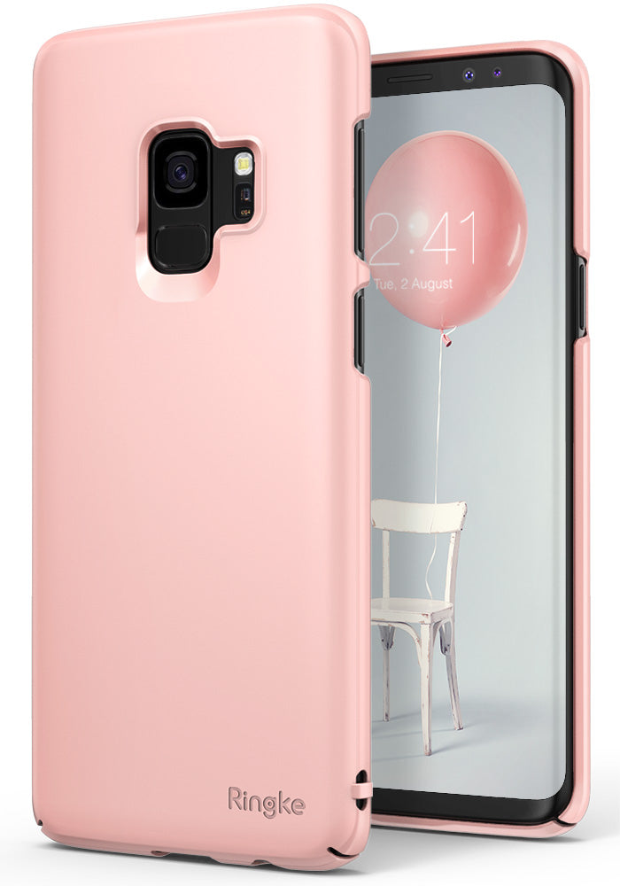 Galaxy S9 Case | Slim - Peach Pink - Peach pink slim phone case on a Galaxy S9 showing the back camera and screen display.