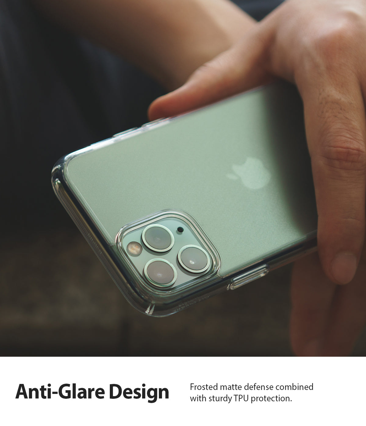 iPhone 11 Pro Case | Fusion Matte - Hand holding a green iPhone 11 Pro in a clear, frosted matte protective case.