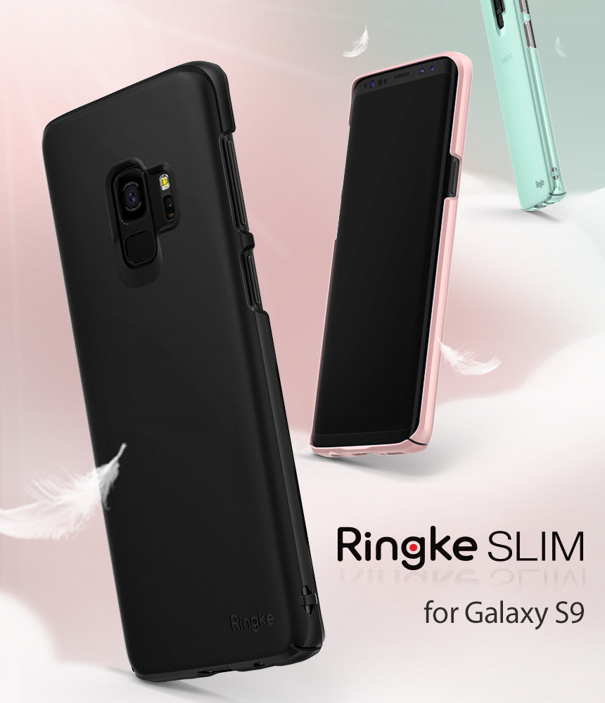 Galaxy S9 Case | Slim - Peach Pink - Black and peach pink slim phone cases for Galaxy S9 floating with feathers.