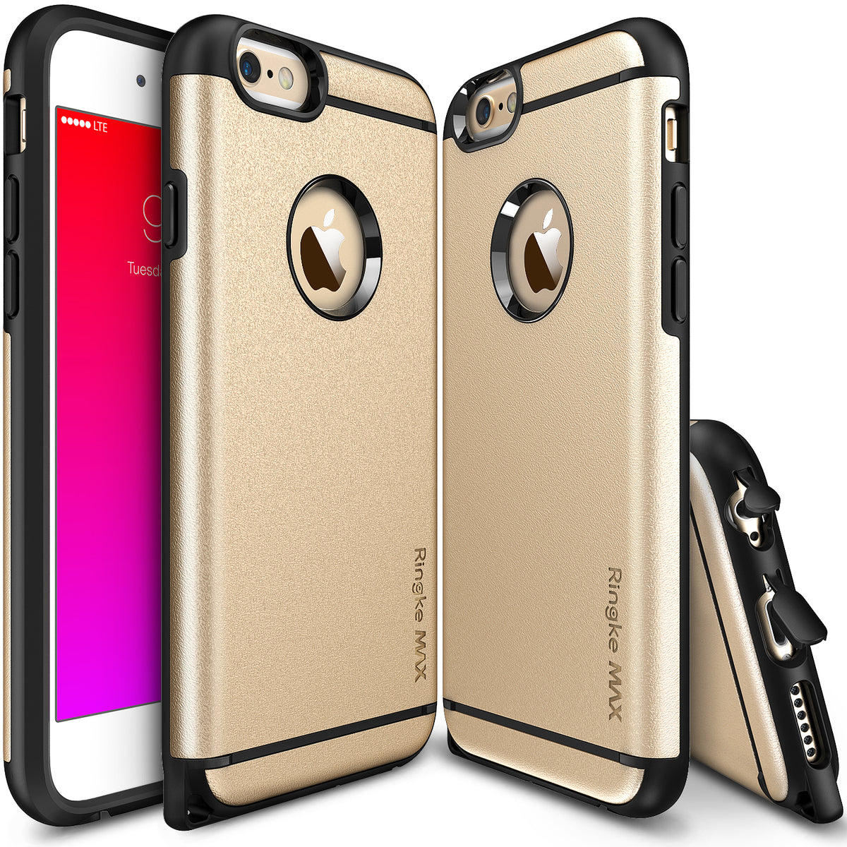 iPhone 6s / 6 Case | Max - Royal Gold - Royal gold and black protective phone cases showing front, back, and port views.
