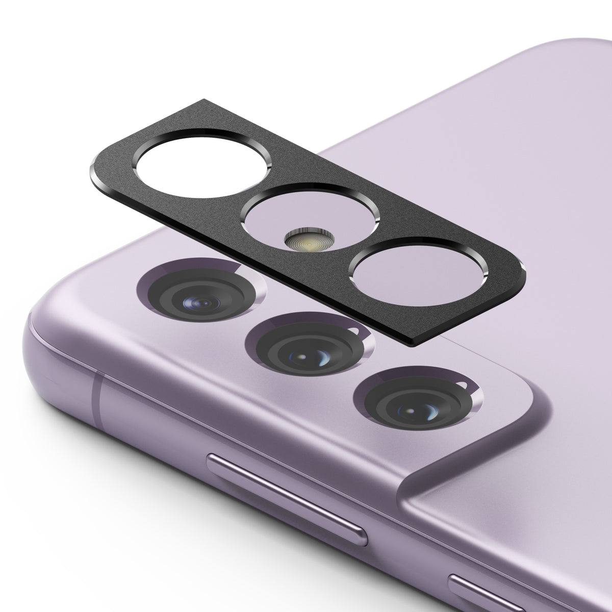 Galaxy S21 FE | Camera Styling - Black adhesive camera lens protector hovering above the triple-lens array of a lavender smartphone.