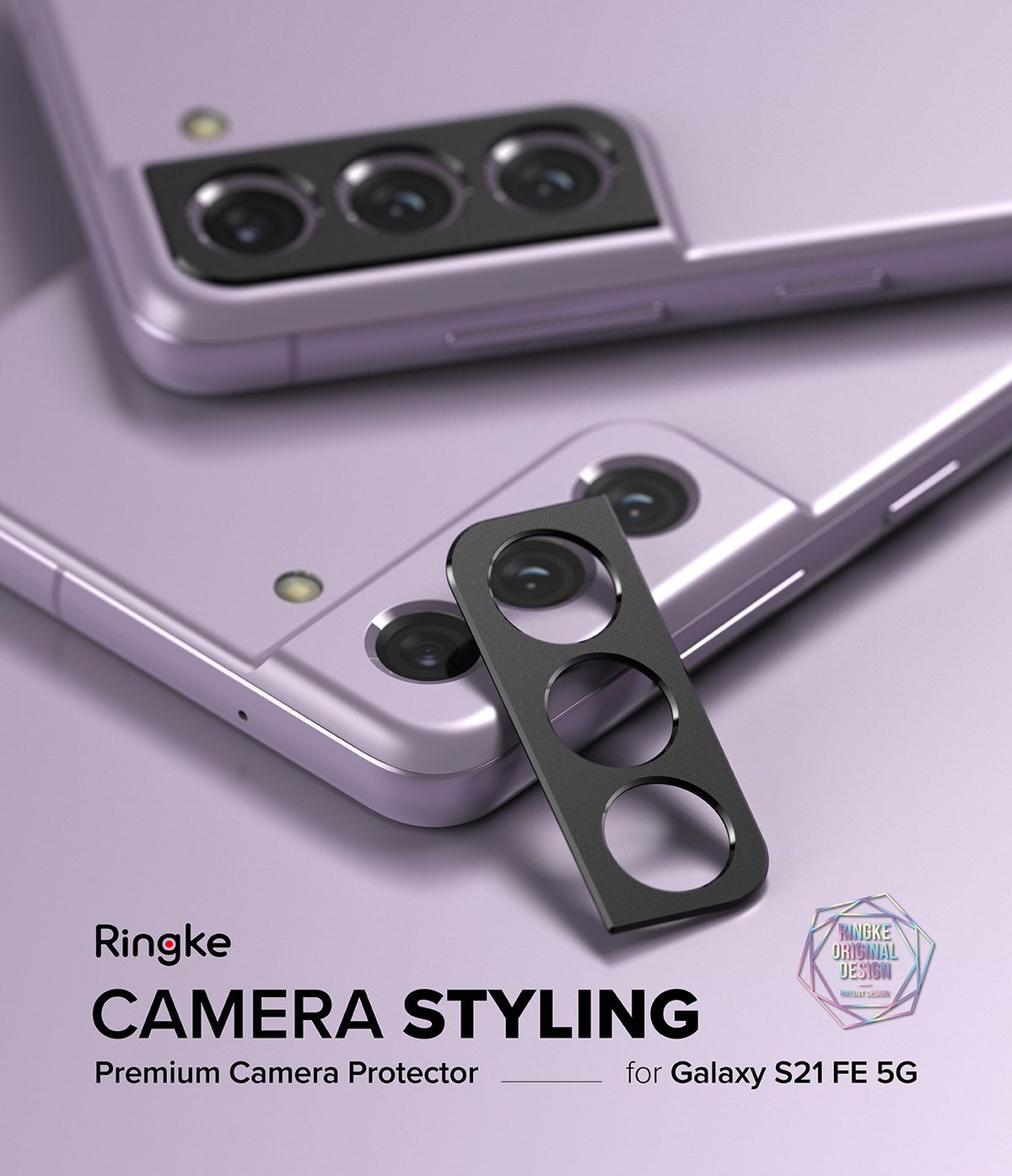 Galaxy S21 FE | Camera Styling - A black adhesive camera lens protector being applied to a lavender Galaxy S21 FE smartphone.