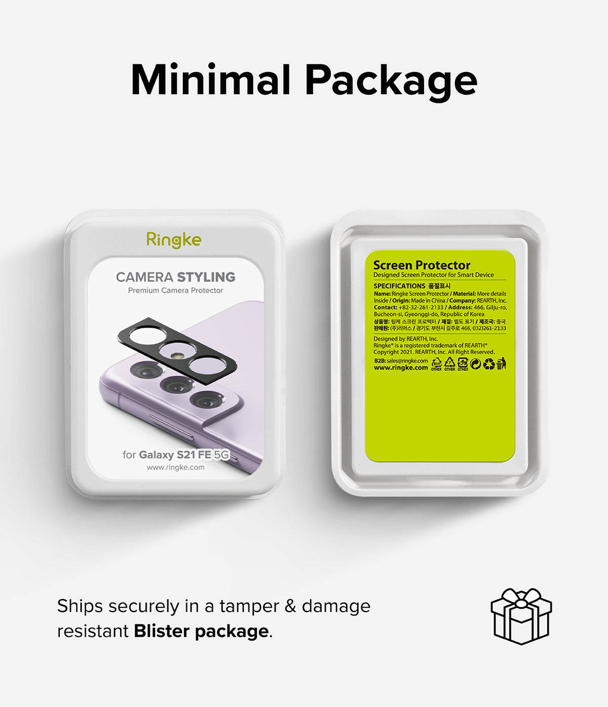 Galaxy S21 FE | Camera Styling - Two white plastic product packages, one showing the camera protector and one with label.