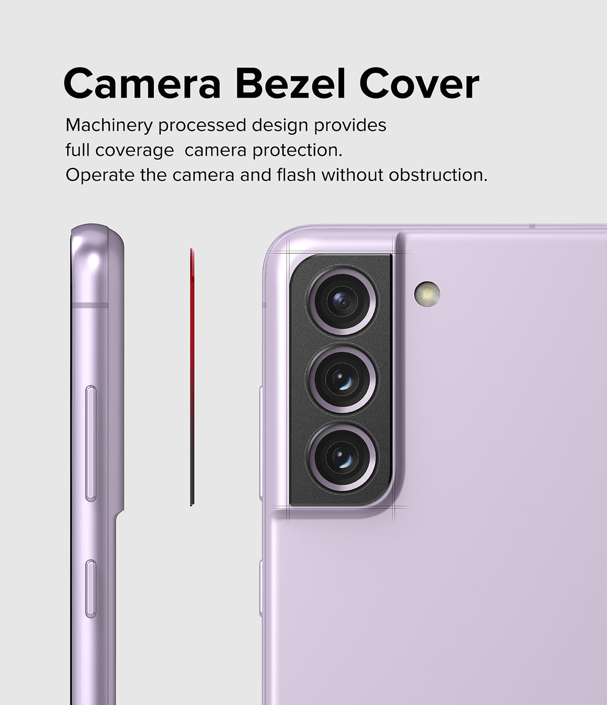 Galaxy S21 FE | Camera Styling - A black camera bezel cover being applied to a light purple Galaxy S21 FE smartphone.