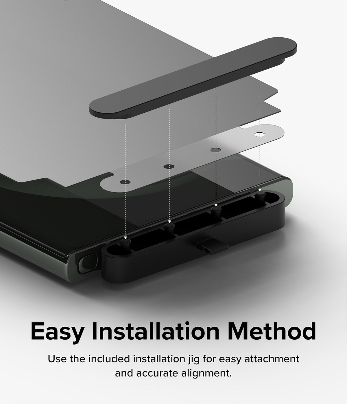Galaxy S23 Ultra Screen Protector | Privacy Dual Easy Film Wing - Galaxy S23 Ultra Screen Protector - Exploded view showing a screen protector aligning with a phone using an installation jig.