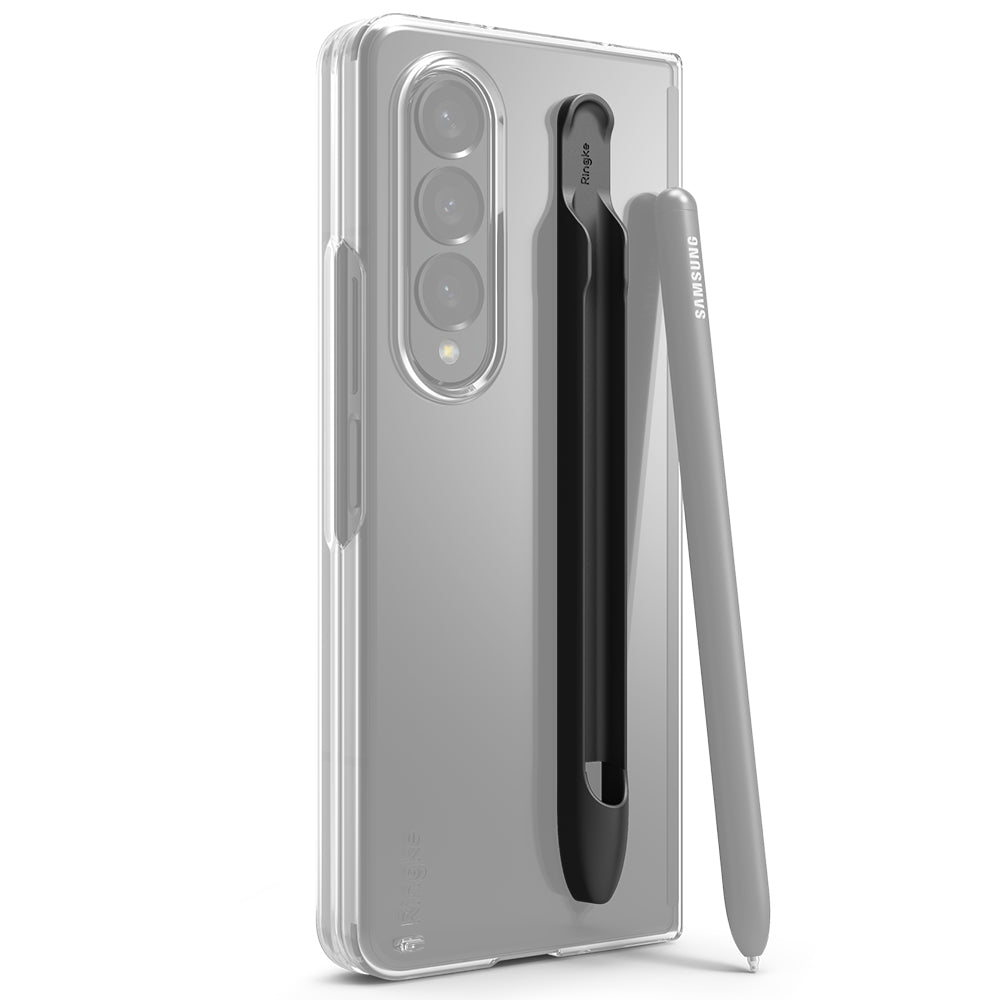 GIFT SET | Galaxy Z Fold 4 - Clear phone case with a black S Pen holder and a grey Samsung stylus on a white background.