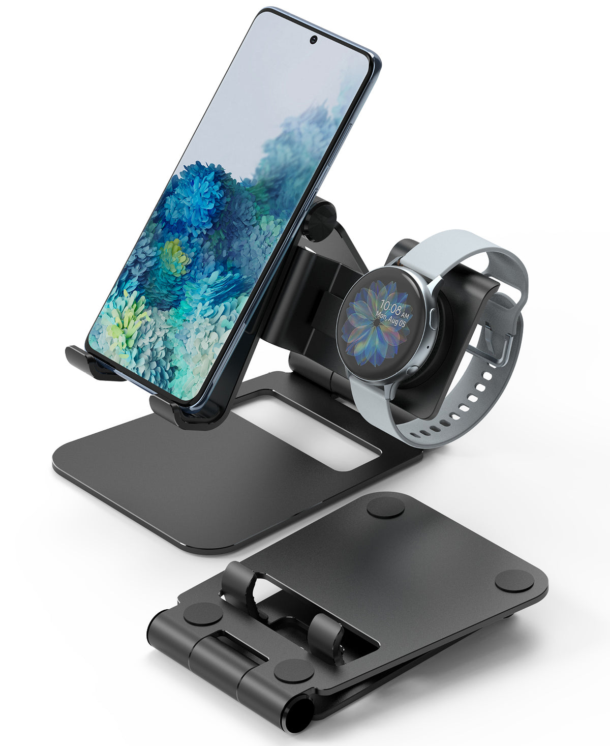 Super Folding Stand for Galaxy Watch - Black adjustable stand holding a smartphone and smartwatch with a folded unit in front.