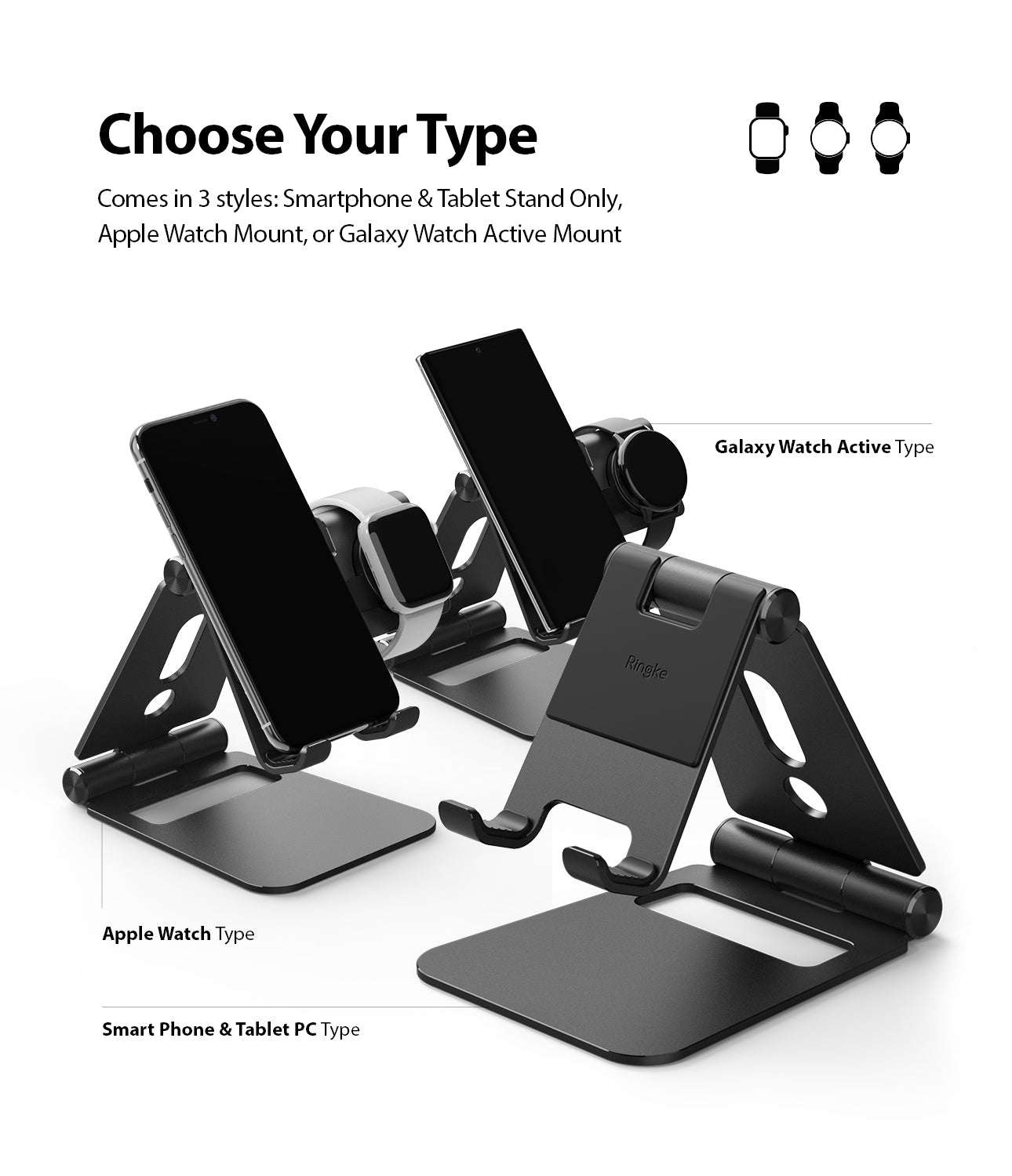 Super Folding Stand for Apple Watch - Three black folding stands displaying phone, Apple Watch, and Galaxy Watch configurations.