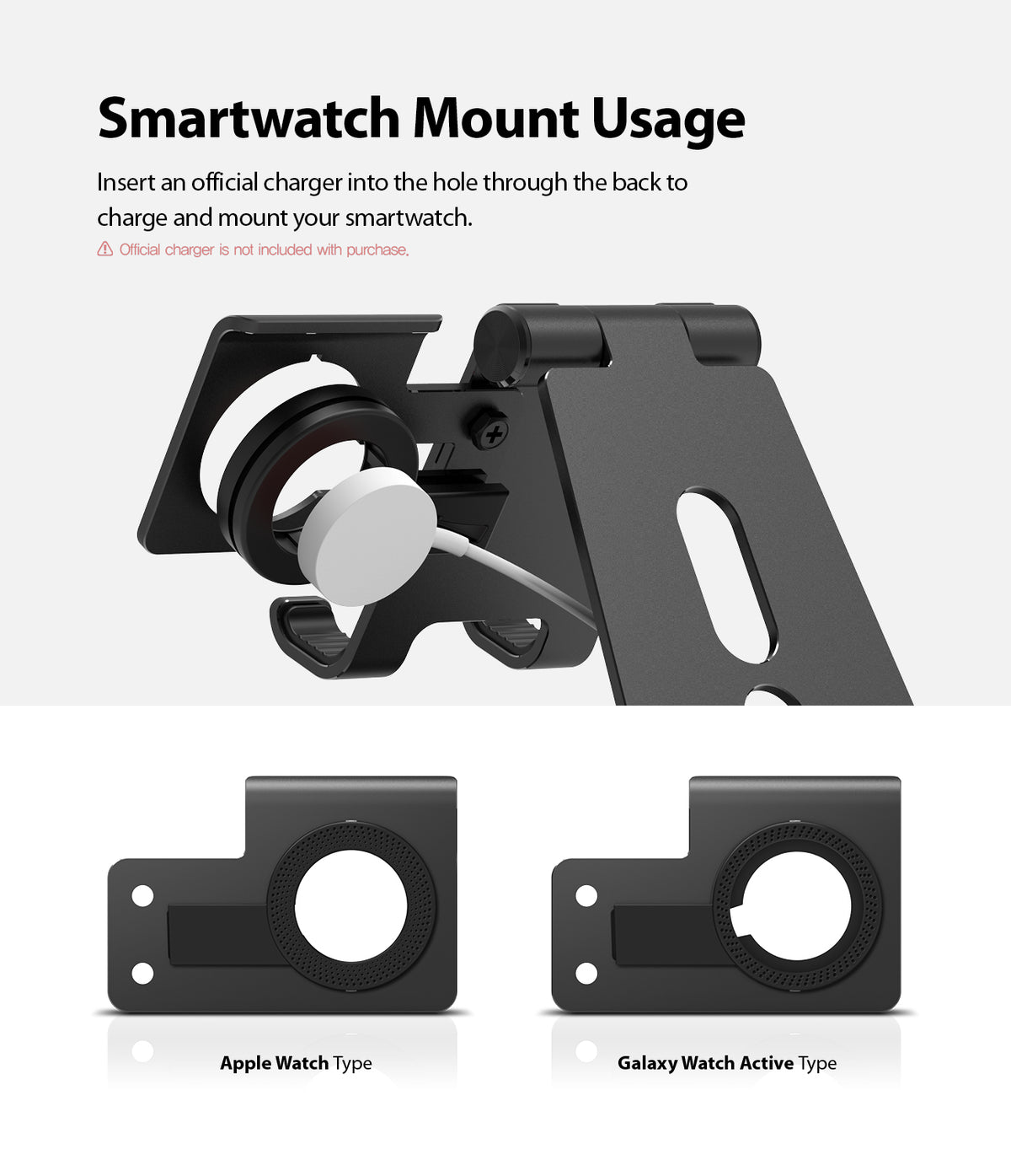 Super Folding Stand for Apple Watch - Black folding stand showing charger installation and two adapter plate options.