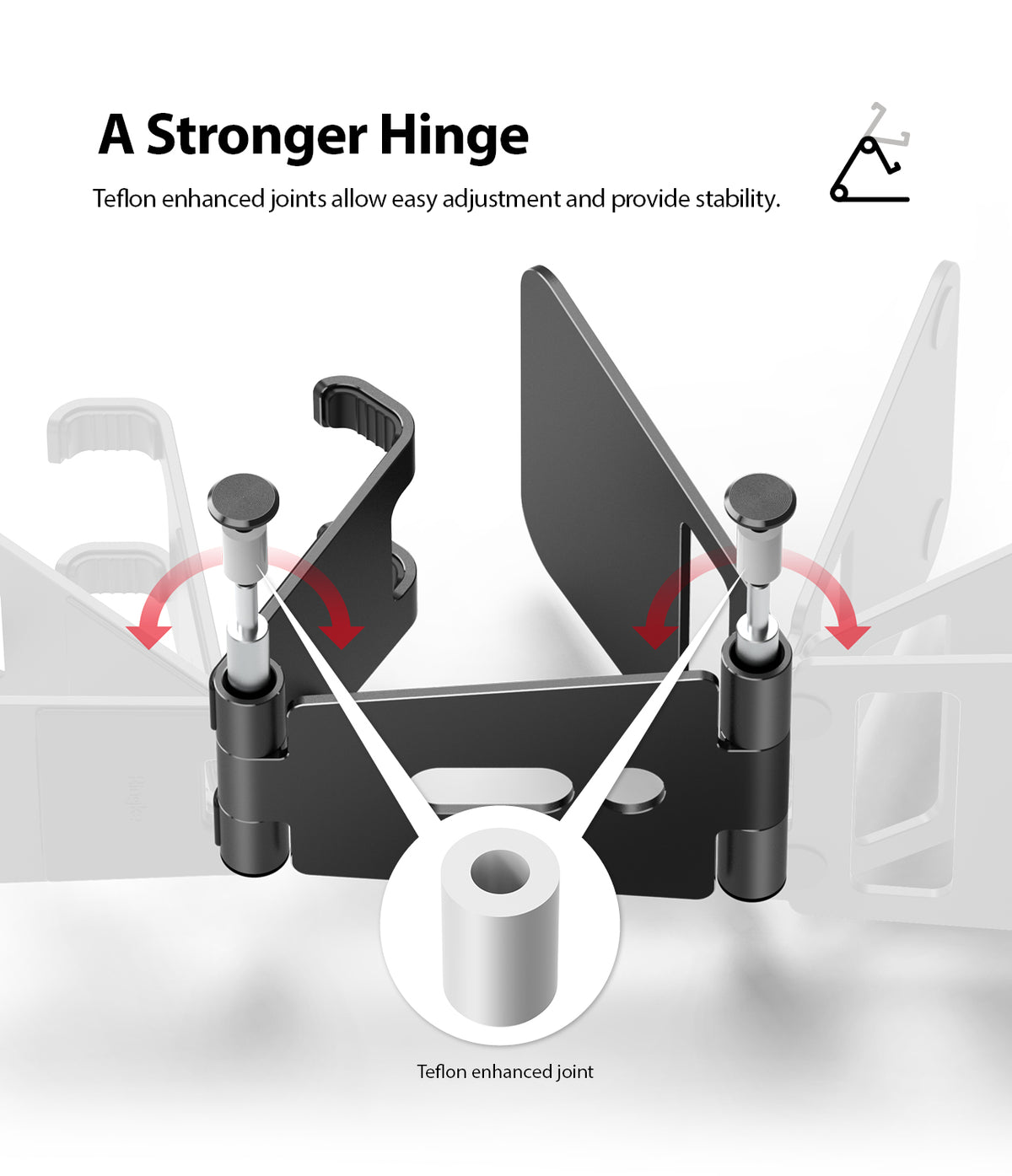 Super Folding Stand for Apple Watch - Black folding stand with Teflon-enhanced joints showing adjustable hinge motion.