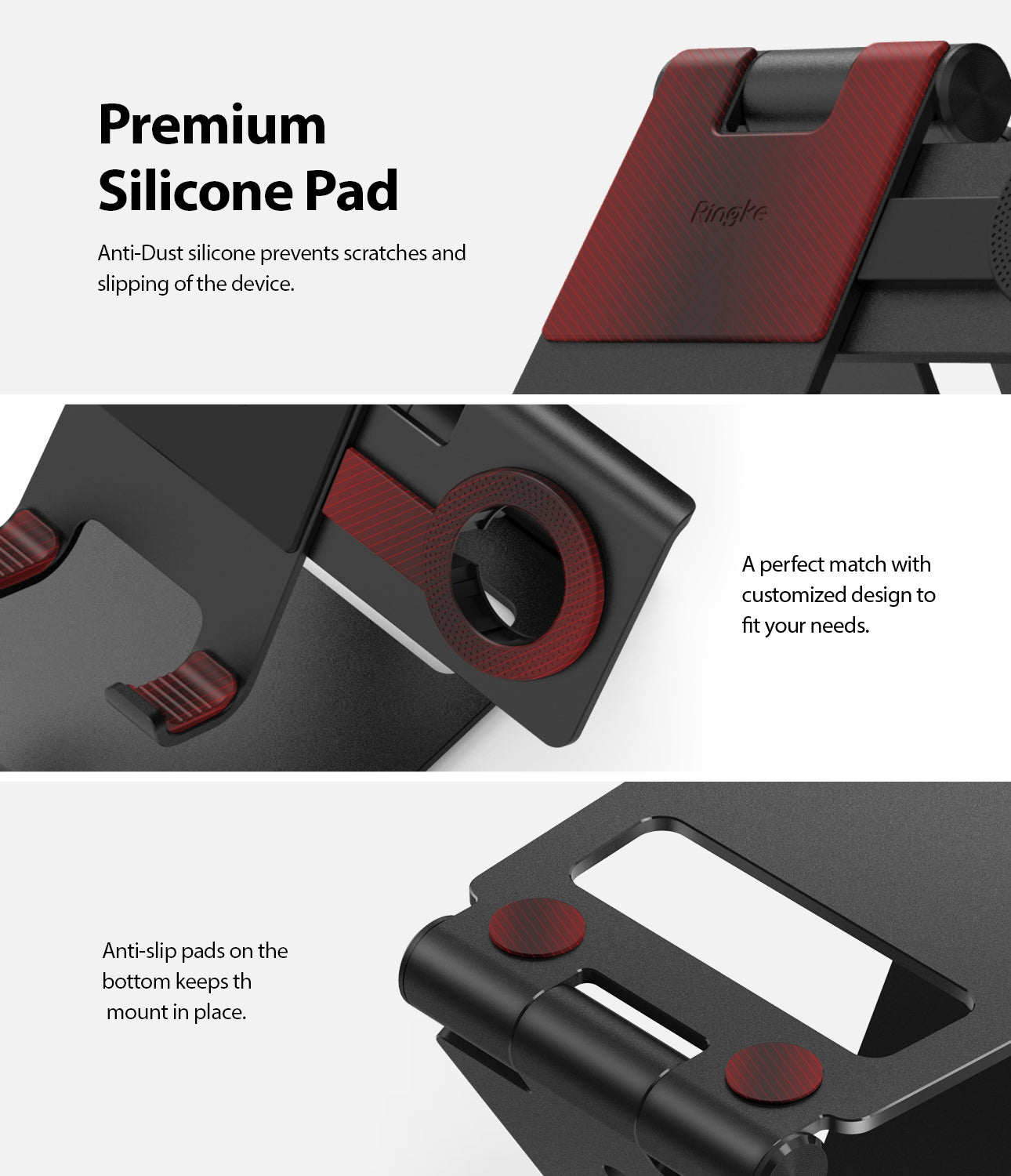 Super Folding Stand for Apple Watch - Close-up views of red silicone anti-slip pads on a black folding charging stand.
