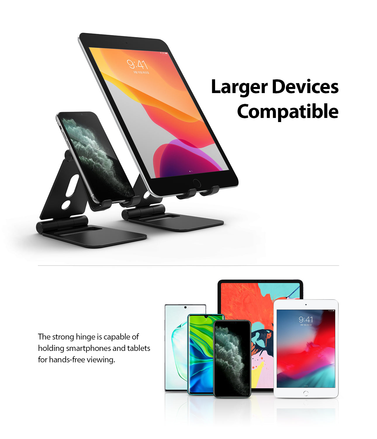 Super Folding Stand for Apple Watch - Two black folding stands holding a smartphone and tablet, with various devices shown below.