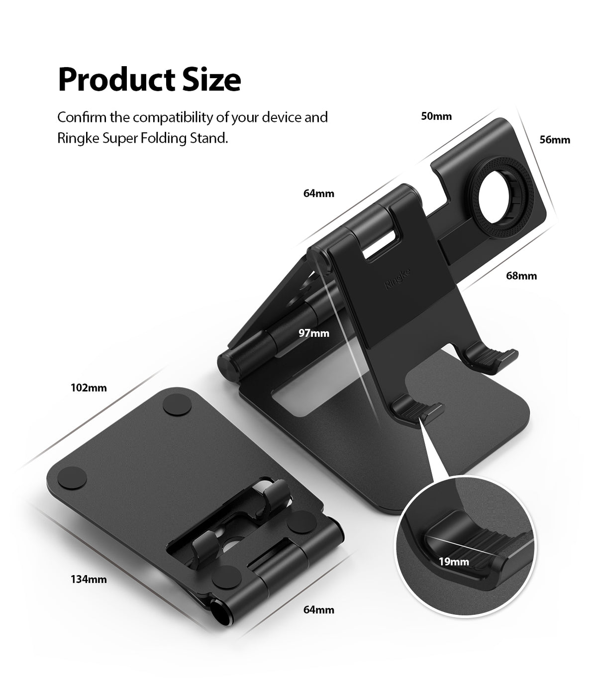 Super Folding Stand for Apple Watch - Technical diagram showing dimensions of a black folding stand in open and closed states.