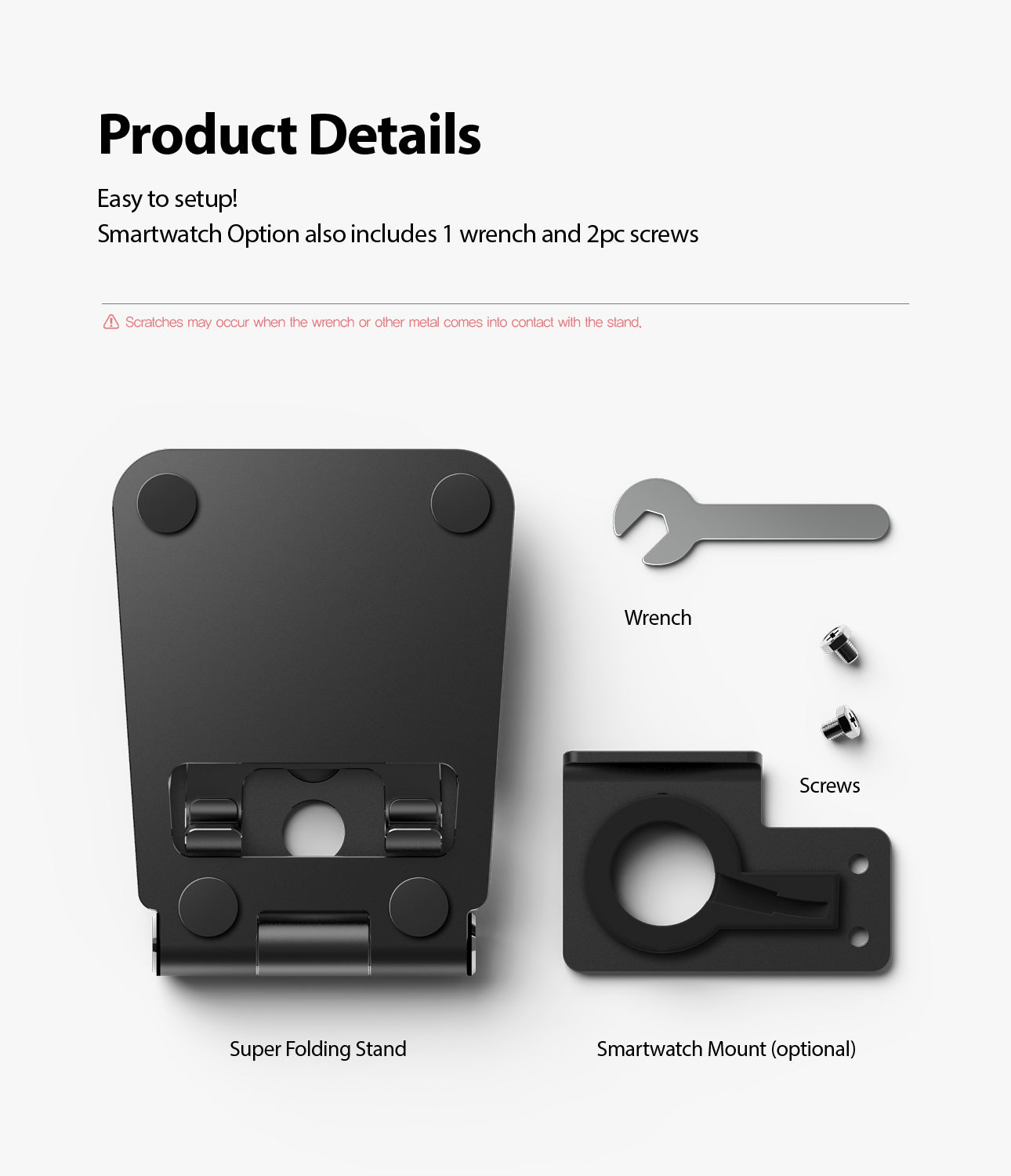 Super Folding Stand for Apple Watch - Folding stand, smartwatch mount, wrench, and two screws on a white background.