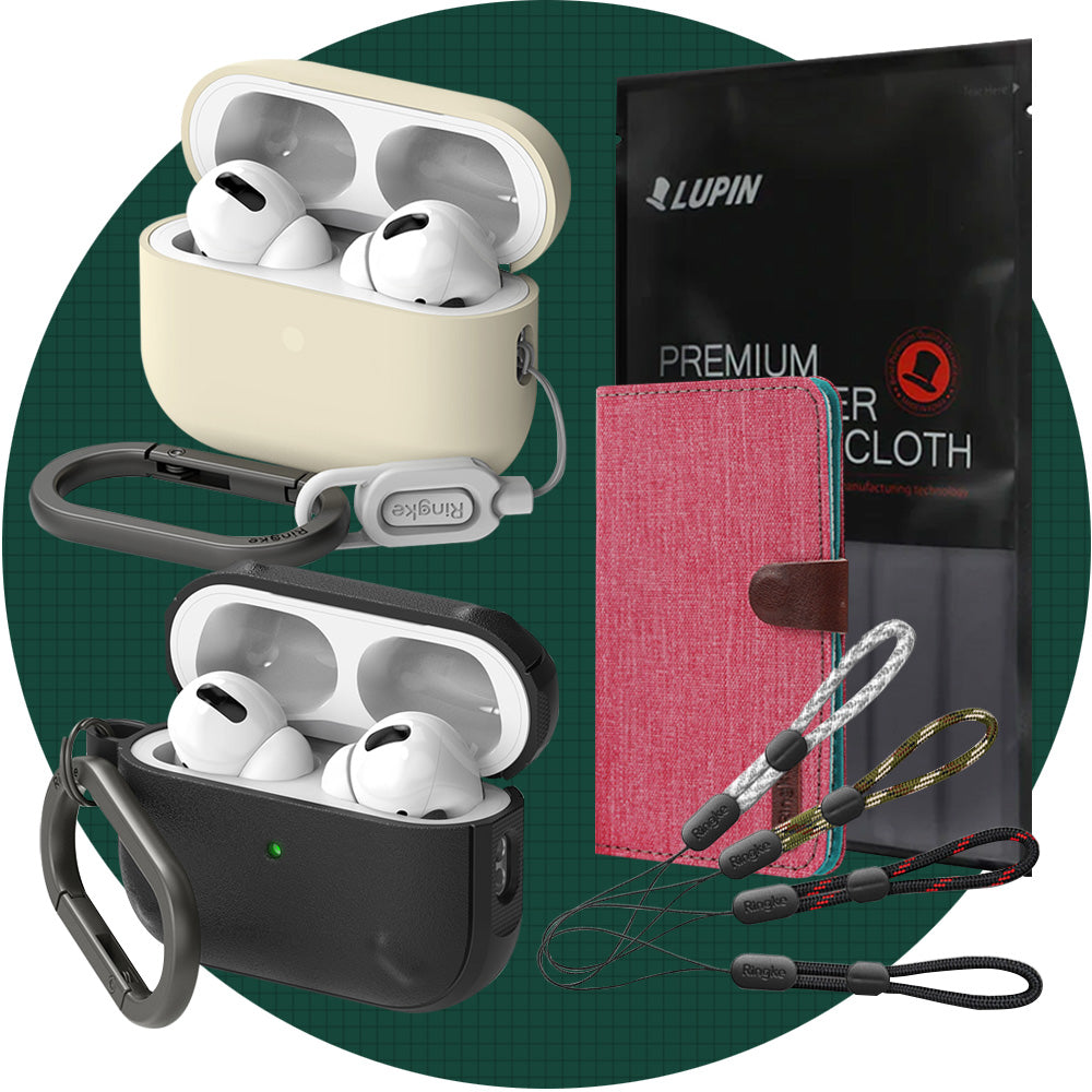 GIFT SET | AirPods Pro 2 - Two AirPods Pro cases with carabiners, a pink wallet, cleaning cloth, and four wrist lanyards.