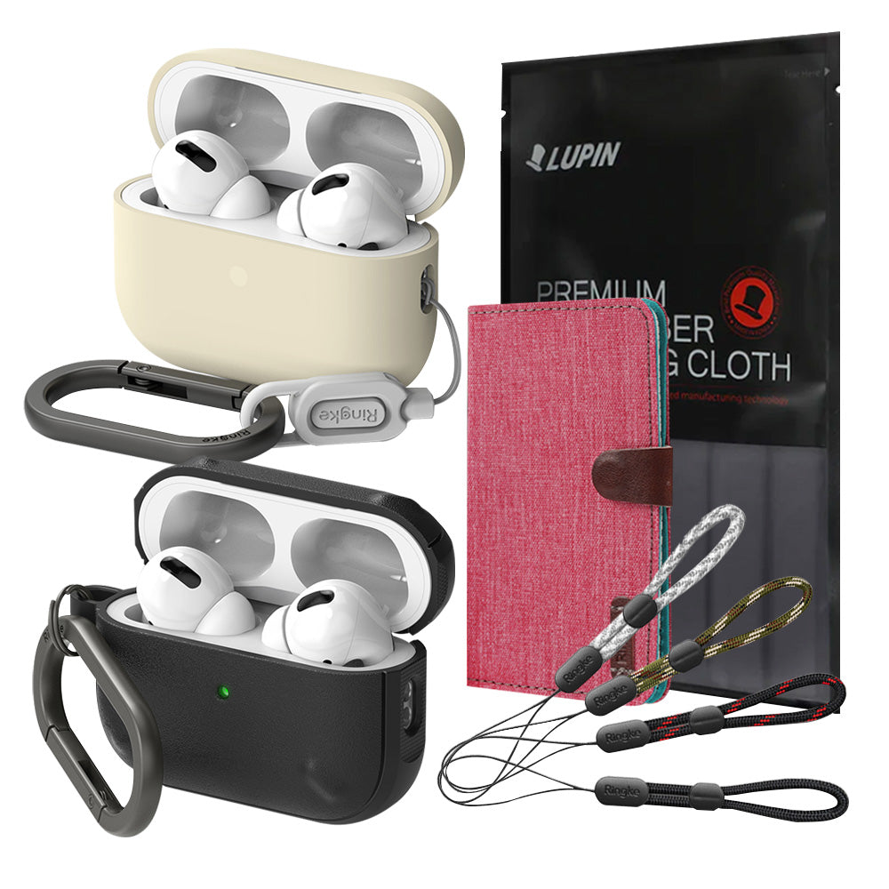 GIFT SET | AirPods Pro 2 - Two AirPods Pro 2 cases with carabiners, a pink wallet, cleaning cloth, and four lanyards.