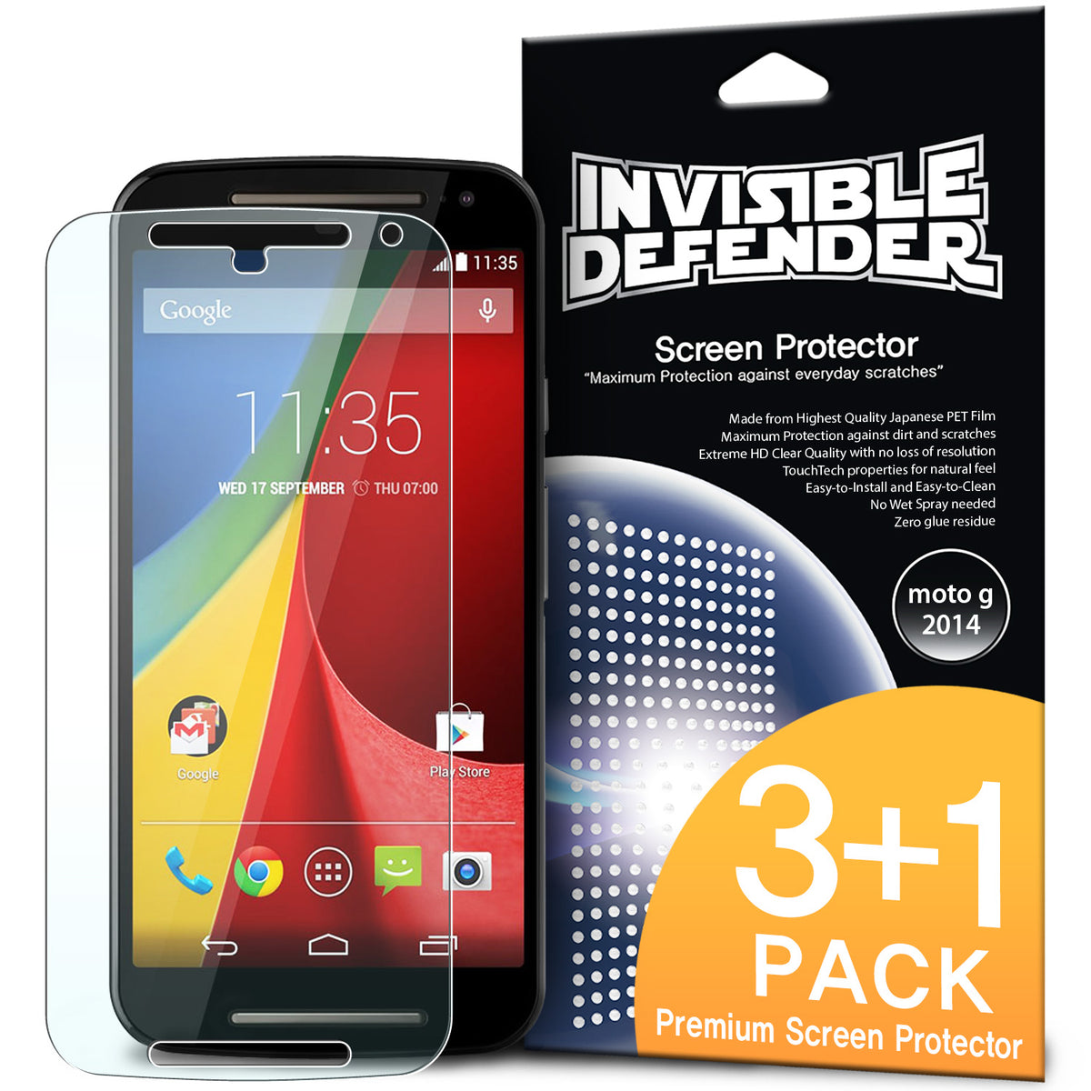 Moto G 2014 (2nd Gen.) Screen Protector | Film - Smartphone with clear film overlay next to 3+1 pack retail box.