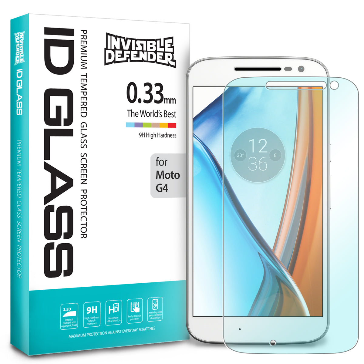 Moto G4 Screen Protector | Glass - Invisible Defender tempered glass screen protector box next to a Moto G4 phone.