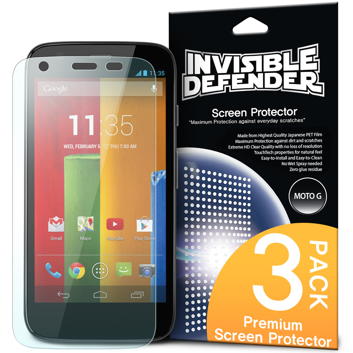 Moto G 2013 (1st Gen.) Screen Protector | Film - Moto G smartphone next to a 3-pack Invisible Defender screen protector.